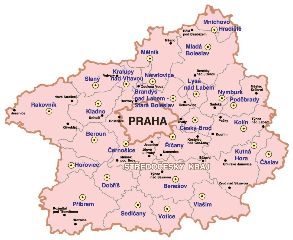 Mapa působnosti Belšan Reality – Středočeský kraj a Praha